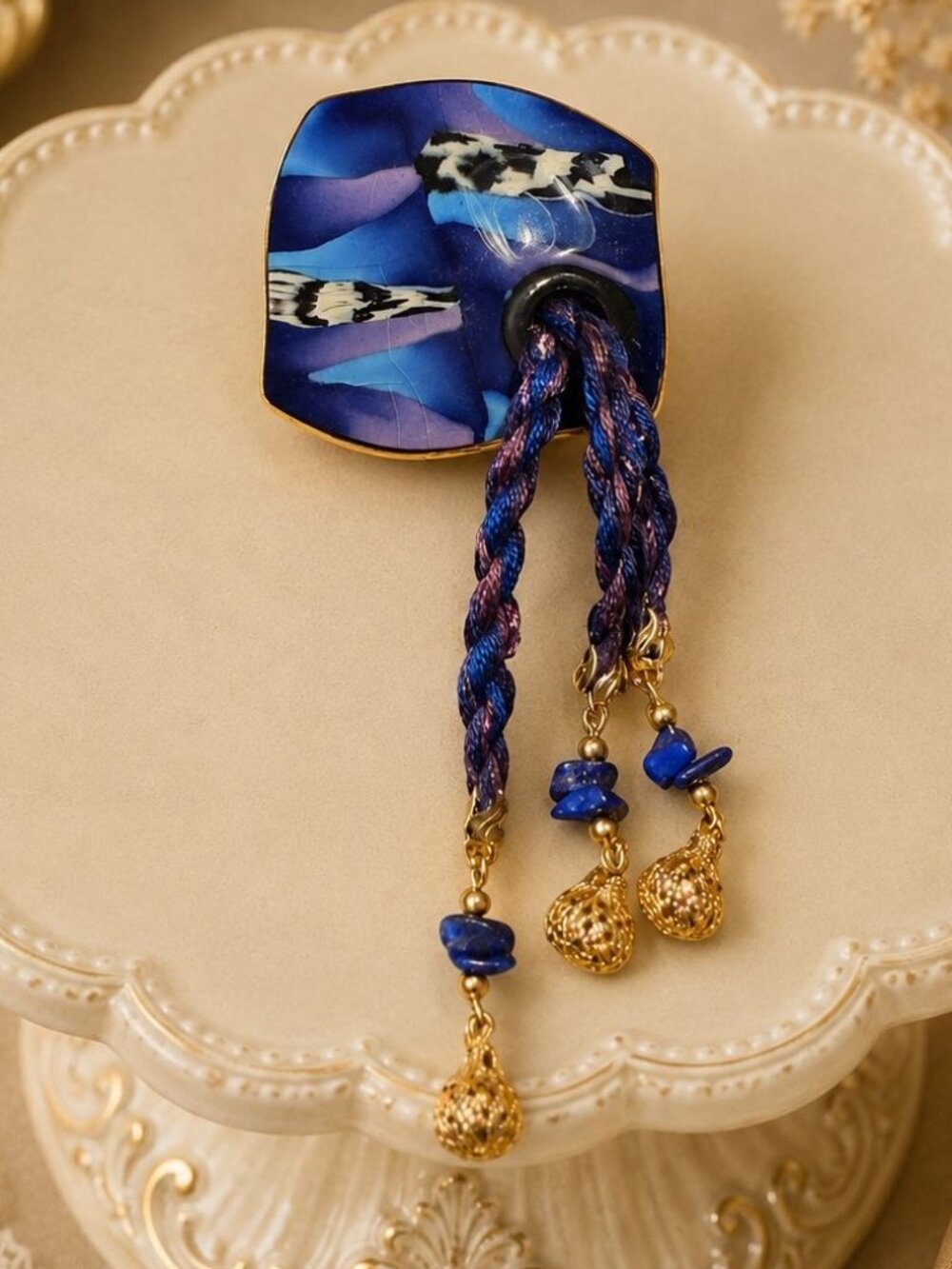 Blue Art Glass Brooch Braided Tassel Dangle VTG Gold Tone Artisan Pin Jewelry